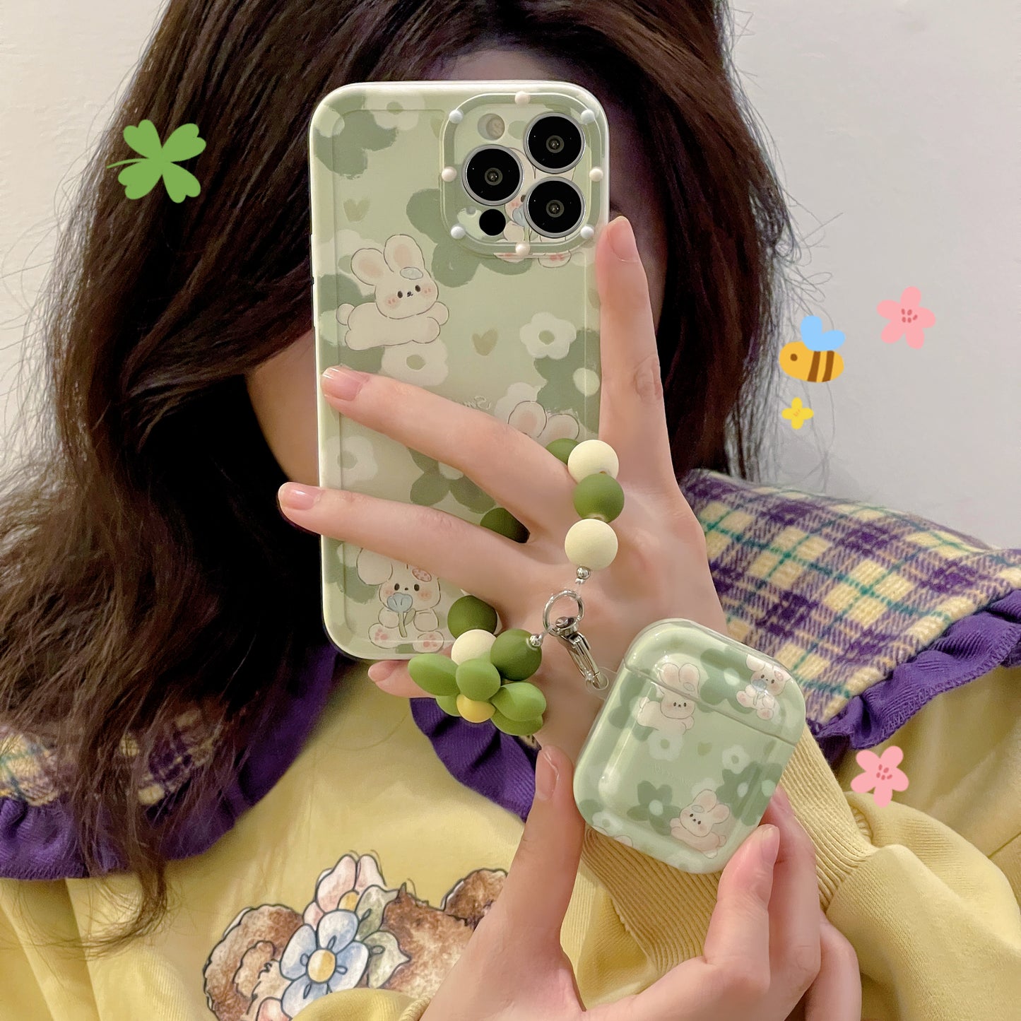 Polka Dot Lens Green Flower Rabbit Shell Airpod Case