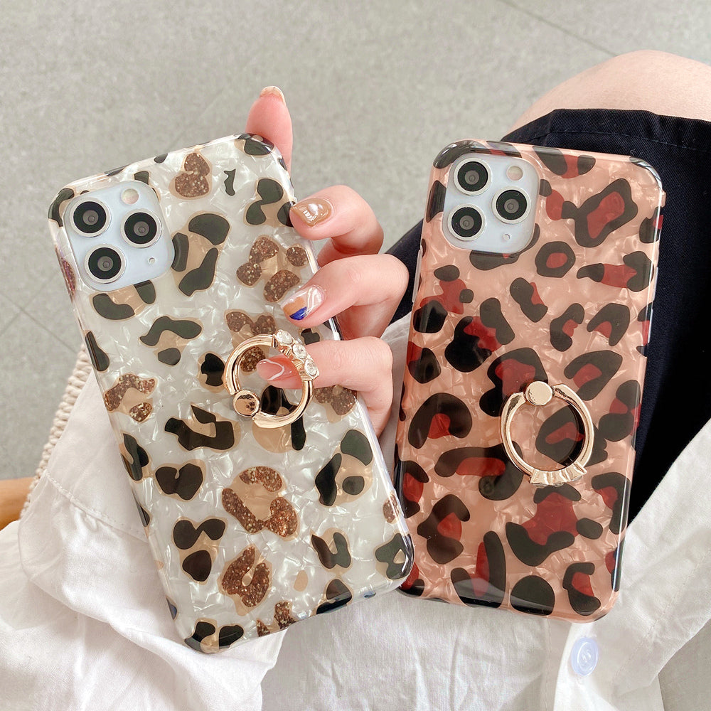Shell-Print Leopard-Print Ring Phone Case With Diamonds For Samsung,974