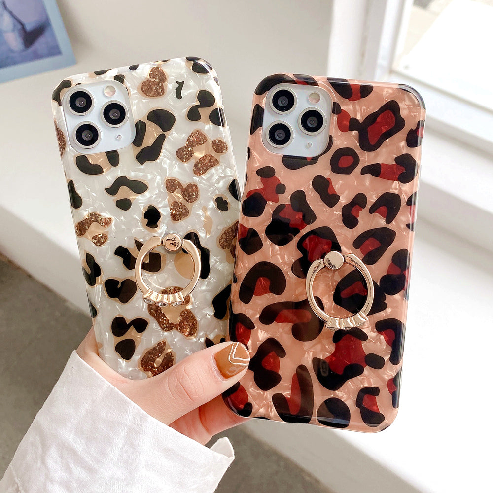 Shell-Print Leopard-Print Ring Phone Case With Diamonds For Samsung,974