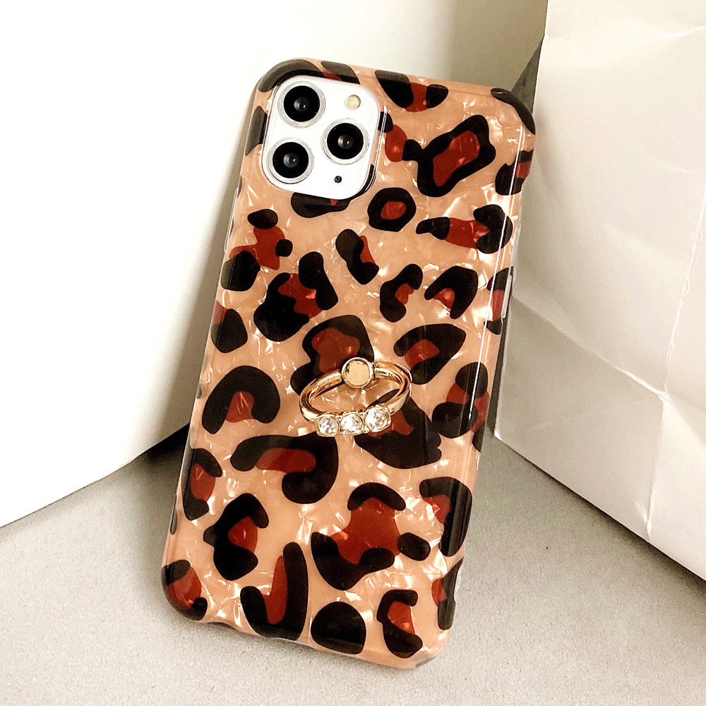 Shell-Print Leopard-Print Ring Phone Case With Diamonds For Samsung,974