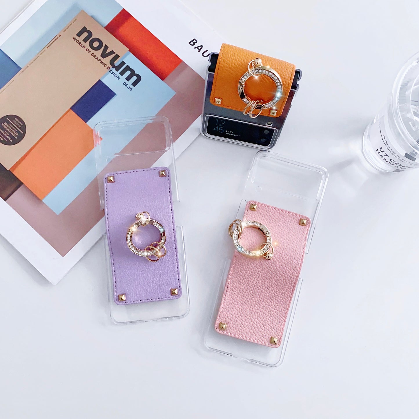 New Arrival PU Leather Ring Transparent Mobile Phone Case for Samsung Galaxy Z flip3 Z Flip4 Anti-fall Protective Cover