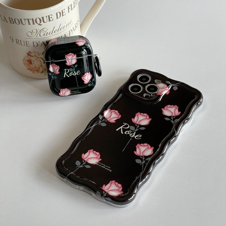 luxury Wavy Edge fashion for iphone 11 12 13 phone case anti-shock Black Rose Phone Case for airpod case