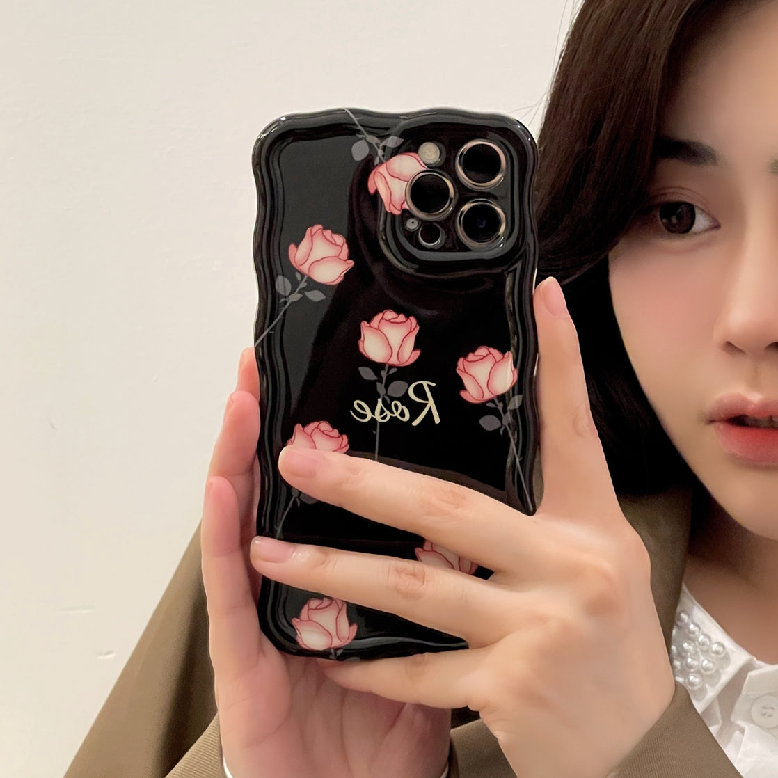luxury Wavy Edge fashion for iphone 11 12 13 phone case anti-shock Black Rose Phone Case for airpod case