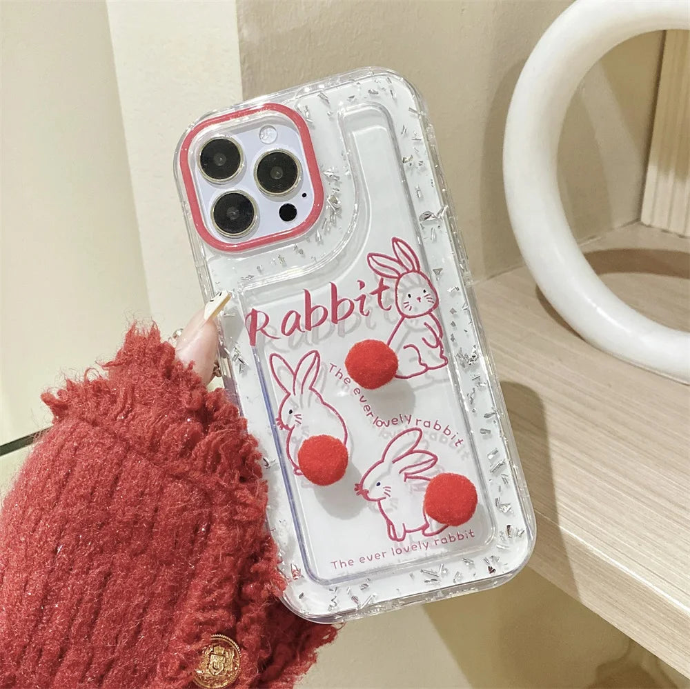 Transparent clear fur ball rabbit phone shell Anti-knock Shockproof Phone Case for iphone 14