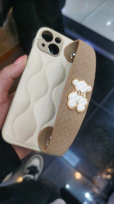 New wholesale designer cotton Down mobile phone case with bear check belt  soft luxury  phone case for iPhone 11-14promax