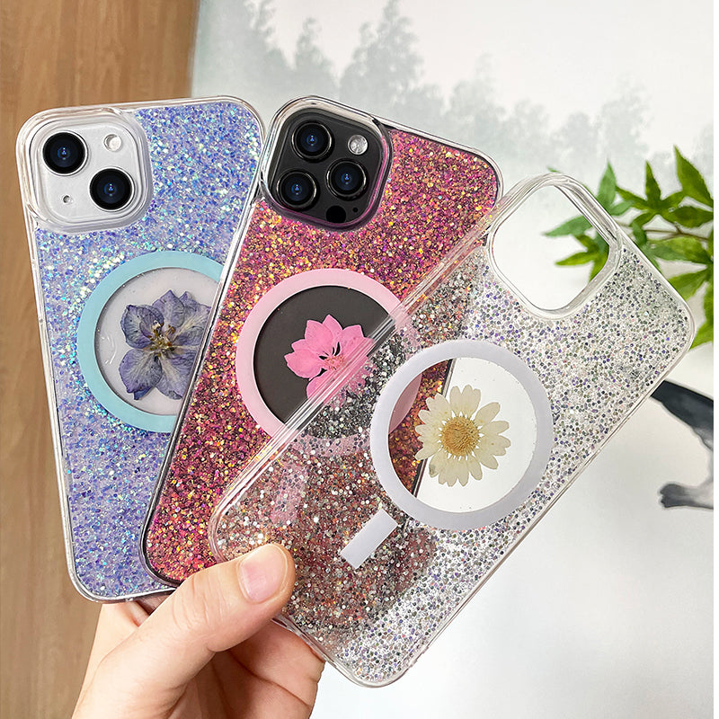 Factory Direct Sale Girl Glitter Powder Clear Epoxy Magnetic Phone Case for iPhone 14 13 12 Pro Max