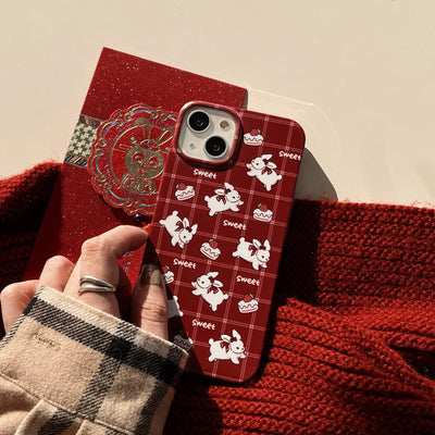 2023 New Design Checker Rabbit Cake phone case cover Red Cute Silicone Phone Case for iphone 14
