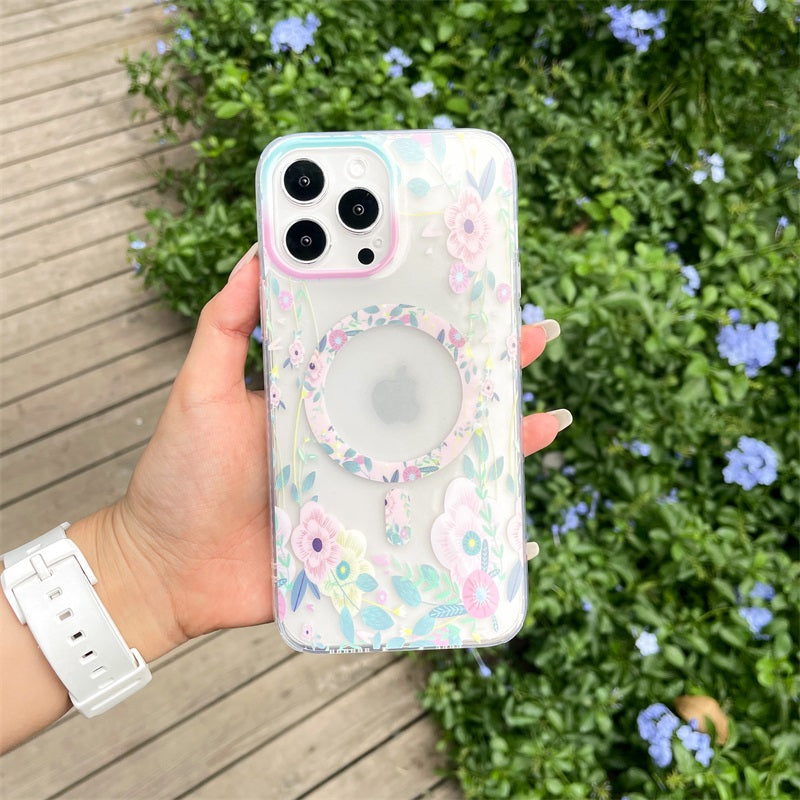 Flower Pattern Clear Magnetic Case For Magsafe Charger Iphone 11 12 13 14pro Max 12mini 13mini Soft Silicon Cover