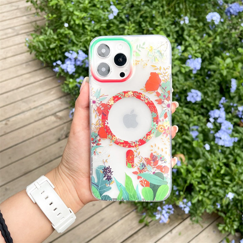 Custom Clear Sublimation Printed Flower Wireless Charging Magnetic Mobile Phone Cover Case For Iphone 14 Plus 11 12 13 Pro Max