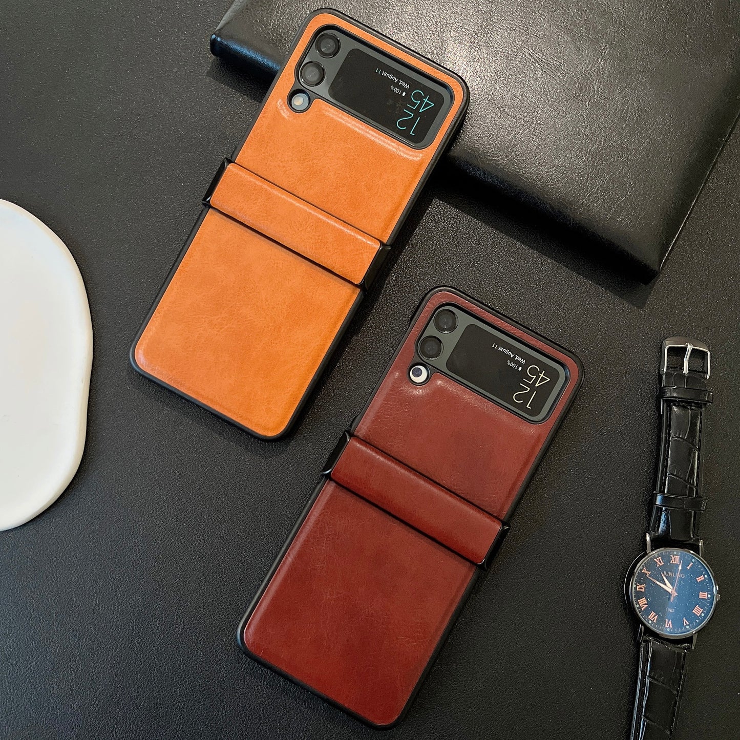 Leather Phone Case For Samsung Z Flip 3 4 With Hinge High Quality Luxury Case Drop-proof Retro Phone Cover
