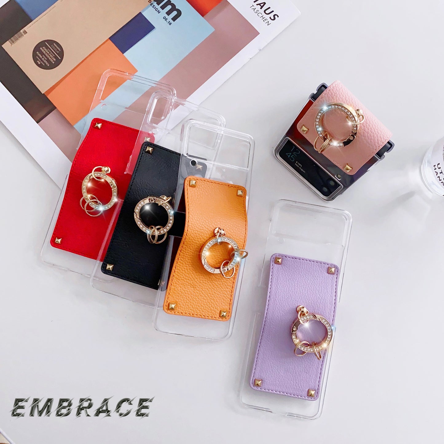 New Arrival PU Leather Ring Transparent Mobile Phone Case for Samsung Galaxy Z flip3 Z Flip4 Anti-fall Protective Cover