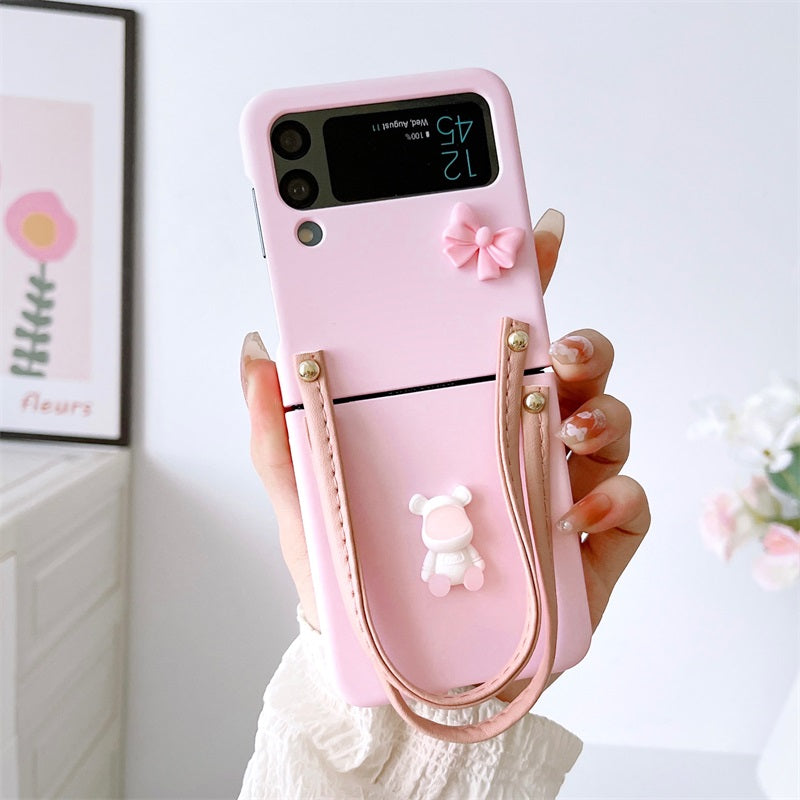 3d Cute Cartoon Spaceman Folding Screen Anti-lost Bowknot Rope Handle Phone Case For Samsung Z Flip 3 4