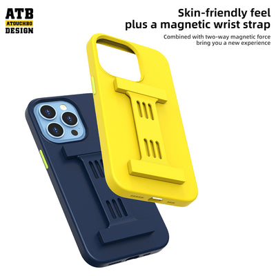 Atouchbo Magnetic Stand Bracket Shockproof Silicone Phone Case For iPhone 13 Pro 14 Case Premium Phone Cover With Wrist Strap