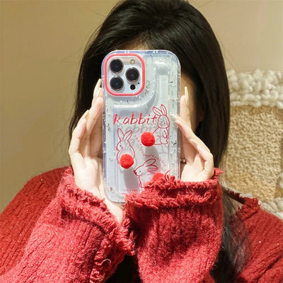 Transparent clear fur ball rabbit phone shell Anti-knock Shockproof Phone Case for iphone 14