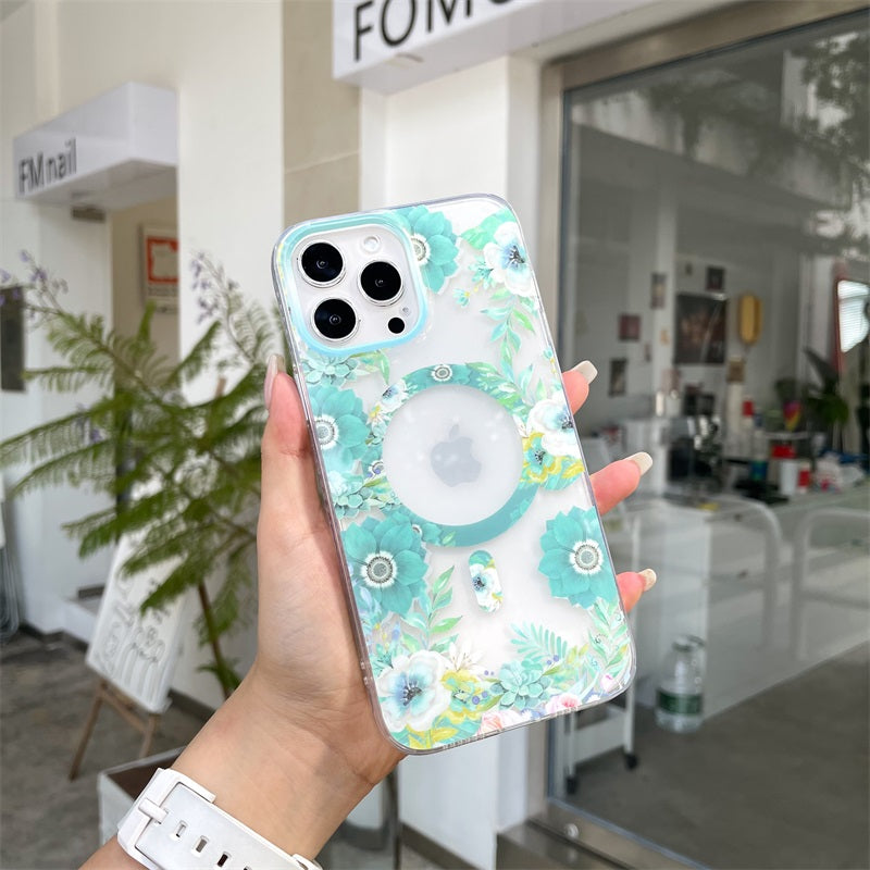 New Vintage Small Fresh Flower Magnetic Suction Support Wireless Charging Mobile Phone Case For Iphone 14 Pro Max