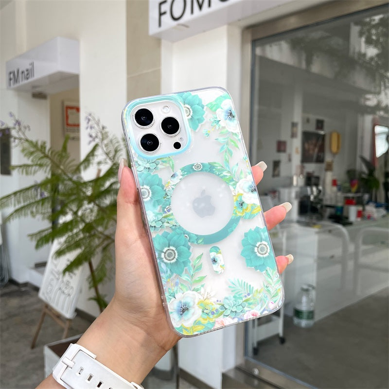 Flower Pattern Clear Magnetic Case For Magsafe Charger Iphone 11 12 13 14pro Max 12mini 13mini Soft Silicon Cover