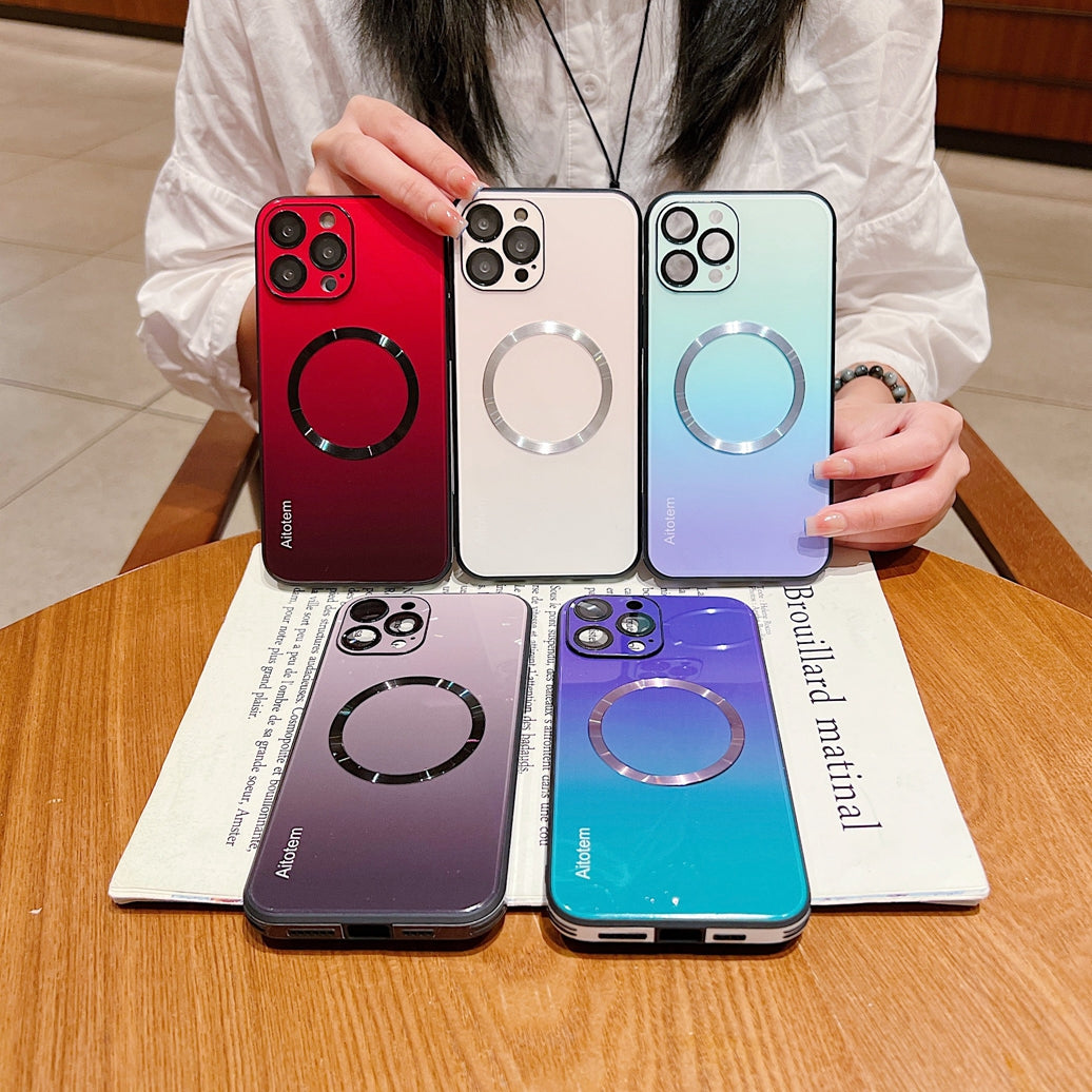 Glitter Simple New Aurora Gradual Change Magnetic Glass+TPU With Lens Films Back Cover Phone Case For Iphone 14 Pro Max