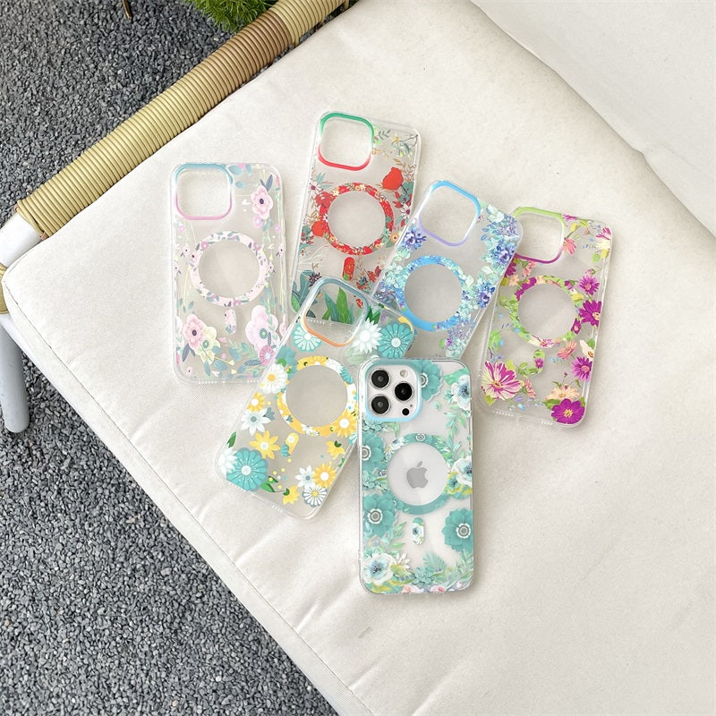 New Clear Transparent Flower Magnetic Tpu Mobile Phone Case For Iphone 14 Pro Max 13 12 11 X Xs Max Xr Magsafic Case