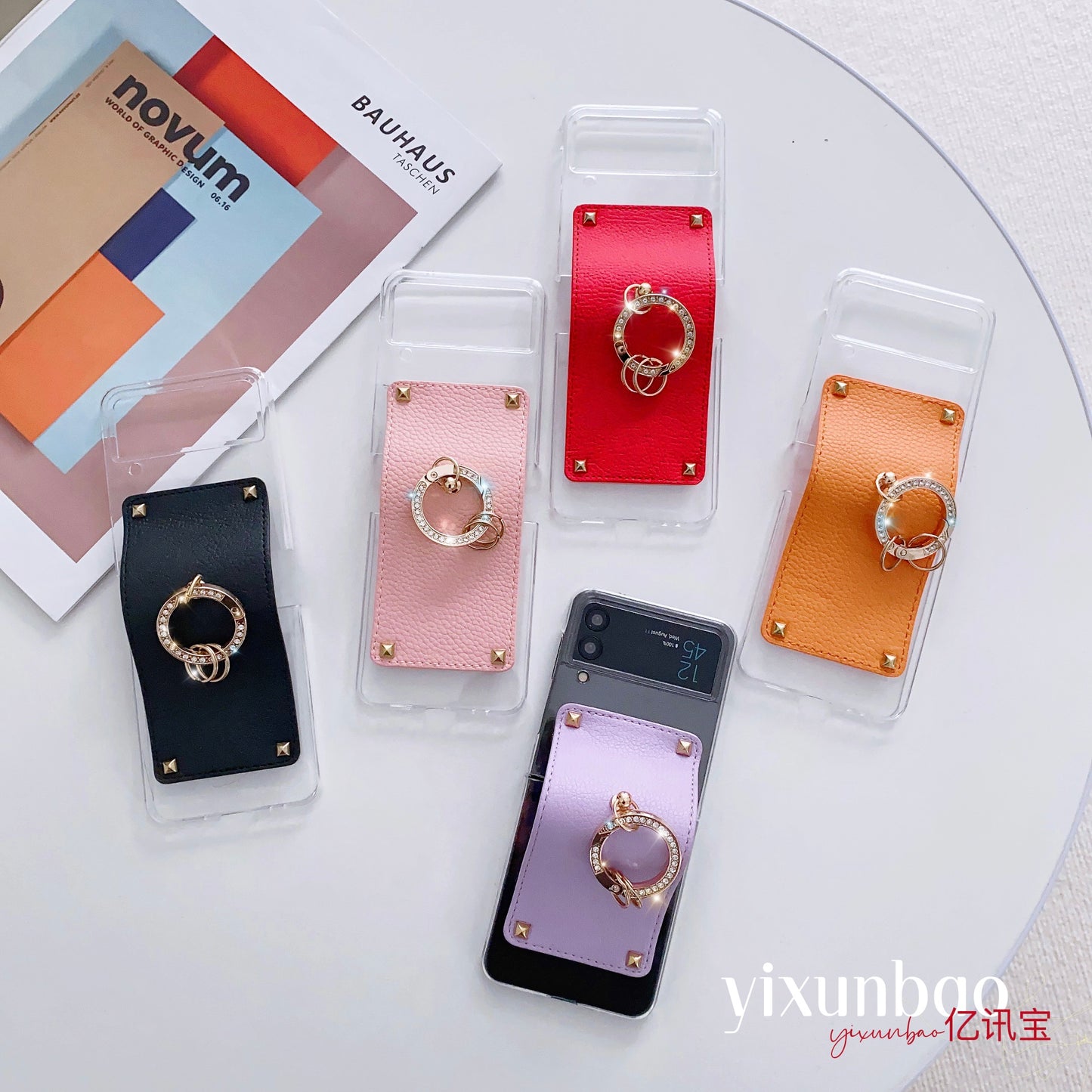 New Arrival PU Leather Ring Transparent Mobile Phone Case for Samsung Galaxy Z flip3 Z Flip4 Anti-fall Protective Cover