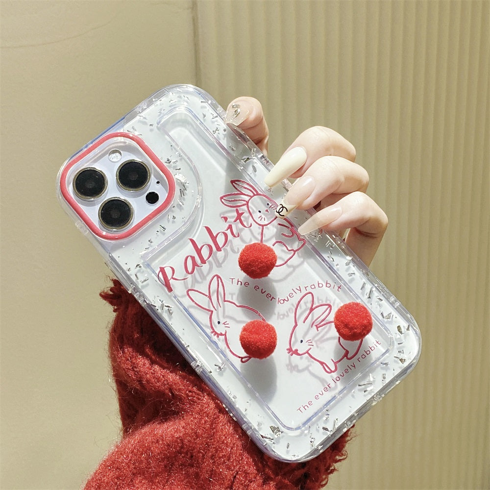 Transparent clear fur ball rabbit phone shell Anti-knock Shockproof Phone Case for iphone 14