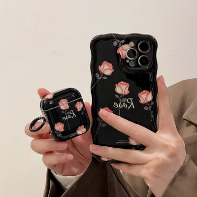 luxury Wavy Edge fashion for iphone 11 12 13 phone case anti-shock Black Rose Phone Case for airpod case