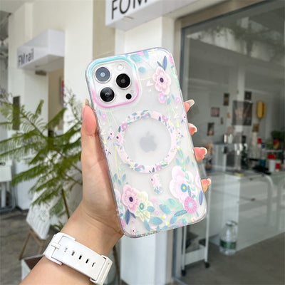 Flower Pattern Clear Magnetic Case For Magsafe Charger Iphone 11 12 13 14pro Max 12mini 13mini Soft Silicon Cover