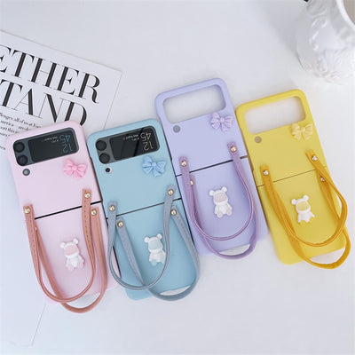3d Cute Cartoon Spaceman Folding Screen Anti-lost Bowknot Rope Handle Phone Case For Samsung Z Flip 3 4