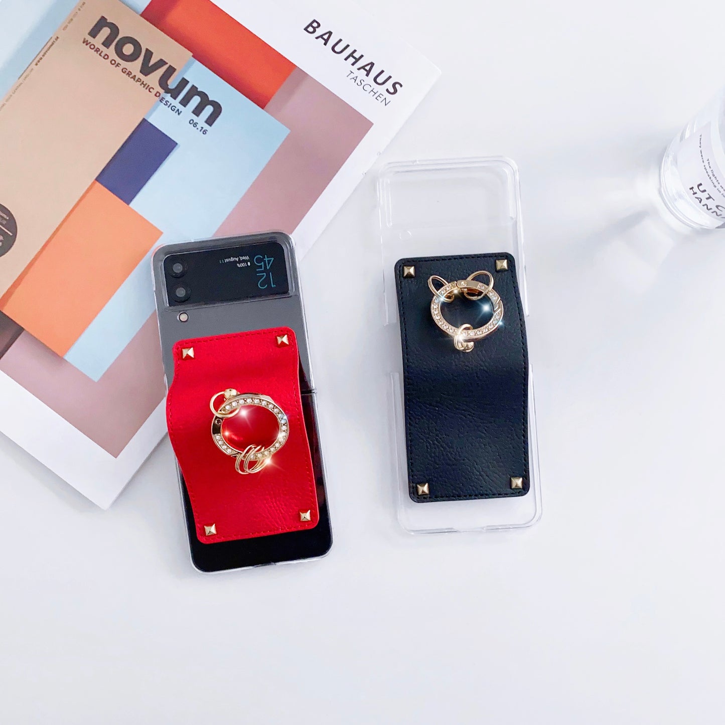 New Arrival PU Leather Ring Transparent Mobile Phone Case for Samsung Galaxy Z flip3 Z Flip4 Anti-fall Protective Cover