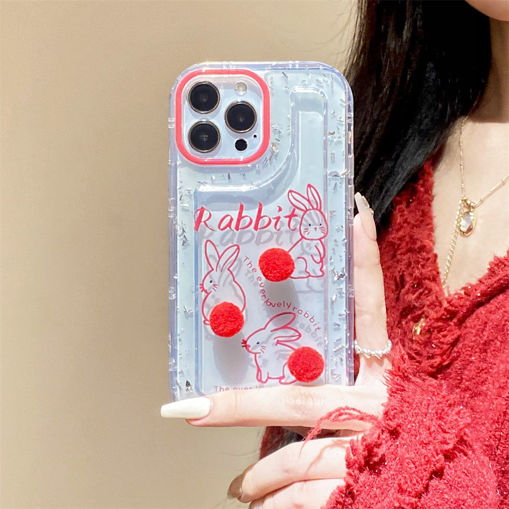 Transparent clear fur ball rabbit phone shell Anti-knock Shockproof Phone Case for iphone 14